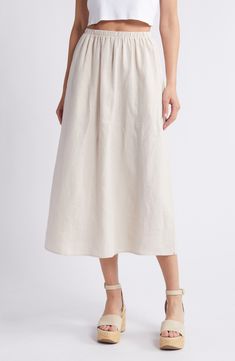 Fashioned with an easy elastic waist and handy pockets, this lightweight skirt made from airy linen is a warm-weather essential. 33" length Elastic waist Side-seam pockets 100% linen Machine wash, tumble dry Imported Relaxed Linen Maxi Skirt For Vacation, Linen Long Skirt For Vacation, Long Linen Skirt For Vacation, Vacation Long Linen Skirt, Vacation Wide-leg Linen Maxi Skirt, Relaxed Linen Skirt For Beach, Casual Linen Maxi Skirt For Beach, Linen Flowy Skirt For Vacation, Linen Lined Skirt For Vacation