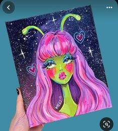 a drawing of a girl with pink hair and green eyes, wearing neon makeup on her face