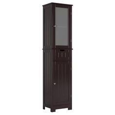 a tall wooden cabinet with a mirror on the top and bottom shelf in dark brown