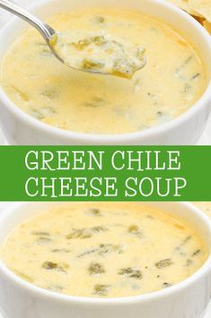 two bowls filled with green chile cheese soup