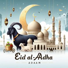 the eid al - adha greeting card features an illustration of a goat, sheep and mosque