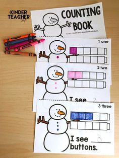 two snowman counting book pages with crayons and markers on the table next to them