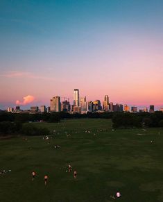 people are playing in the park with city skyline in the backgroung at sunset