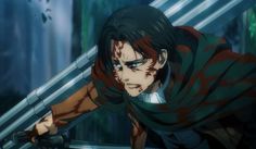 an anime character with blood on his face and arms, leaning against a metal pole