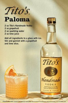 a bottle of tio's paloma next to a glass with an orange slice