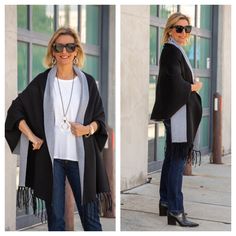 Our Black and gray shrug cardigan with fringe is a best seller and now its back in stock Casual Black Fringe Cardigan, Casual Black Fringed Cardigan, Black Fringe Cardigan For Winter, Black Long Sleeve Fringe Cardigan, Black Fringe Long Sleeve Cardigan, Grey Shrug, Shrug Cardigan, Blazer Vest, Back In Stock