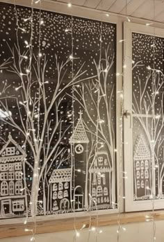 30 Cute Christmas Window Painting Ideas - Nikki's Plate Paint Pen Christmas Window, Liquid Chalk Christmas Windows, Christmas Storefront Windows, Window Art Snowflakes, Winter Window Scene Painting, Chalk Windows Christmas, Easy Christmas Window Drawing, Large Christmas Window Display, Painted Snowflakes On Windows