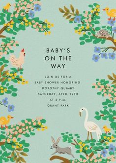 a baby's on the way card with an image of birds, flowers and rabbits