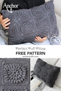 a crocheted pillow is shown with the text, perfect puffy pillow free pattern