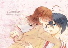 two people hugging each other in front of a pink background with the words clannad written on it