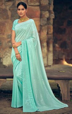 Gorgeous Teal Georgette Sequins Work Designer Saree With Fancy Blouse - PAAIE Sequins Saree, Sequence Saree, South Silk Sarees, Design Saree, Party Sarees, Fancy Blouse, Organza Sarees, Velvet Blouses