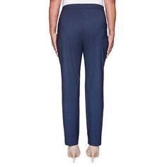 Style comfortably in these pull-on denim pants from Alfred Dunner Classics women's collection. They are made from a soft stretch fabric with a smooth elastic waistband, side pockets, and slim, straight legs. Wear them with a t-shirt and loafers. Front Style: Flat FrontFeatures: Stretch Fabric, Comfort WaistbandClosure Type: Elastic BackConcerns: Tummy SolutionsFit: Slim FitPockets: 2 Side Slip PocketsRise: Mid RiseFiber Content: 75% Rayon, 22% Nylon, 3% SpandexFabric Description: MillenniumLinin Stretch Denim Blue Pants For Work, Denim Blue Straight Leg Bottoms With Pull-on Style, Tapered Leg Denim Blue Bottoms With Elastic Waistband, Denim Blue Pull-on Tapered Leg Bottoms, Denim Blue Tapered Leg Pull-on Bottoms, Pull-on Tapered Leg Denim Bottoms, Denim Blue Tapered Leg Bottoms With Pull-on Style, Denim Blue Pull-on Bottoms For Work, Denim Blue Pull-on Style Bottoms For Fall