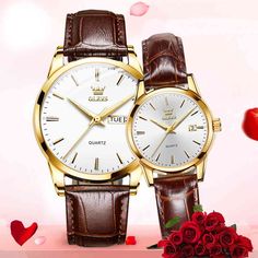 💕Romantic Couple Timepiece💕: Featuring a classic and opulent gold bezel, symbolizing love more profound than gold. The straightforward dual calendar window design combines practicality with style, making it suitable for various occasions for you and your loved one. 💕Matching His and Hers Watches💕: A 9mm thick couple's watch set with a men's watch (39mm diameter, 25mm strap width, 9.8 inches length) and a women's watch (27mm diameter, 14mm strap width, 7.8 inches length, suitable for most cou Couple Watches Set, Des Couples, Couple Watch, Les Couples, Metal Straps, Brown Leather Strap, Gold Trim, Quartz Movement, Leather Watch