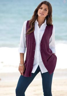 The longer length vest you need for layering with style. Made in a classic drop-needle stitch, it features a button front, V-neck, rib trim and we've even Ladies Vests, Vest Women, Sweater Vest Women, Sweater Collection, Plus Size Sweaters, Swimsuits For All, Current Fashion Trends, Sweater Vest, Vneck Sweater