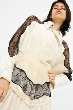 TOGA ARCHIVES - Velvet Lace Shirt in Off White | Oroboro • Luxury Boutique • New York, NY Collared Lace Tops For Work, Fall Evening Tops With Lace Cuffs, Lace Cuffs Evening Tops For Fall, Evening Tops With Lace Cuffs For Fall, Fall Evening Blouse With Lace Collar, Chic Collared Lace Top Blouse, Chic Tops With Contrast Lace, Chic Long Sleeve Lace Top For Daywear, Chic Collared Blouse With Lace Trim