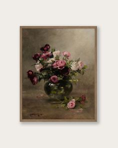 a painting of pink and white flowers in a green vase on a gray background with wood frame