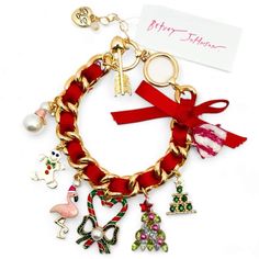 Betsey Johnson Gold Tone Christmas Charm Bracelet With Crystals & Rhinestones Brand New With Tags Christmas Party Adjustable Charm Bracelet, Holiday Jewelry Gift With Rhinestones, Holiday Gift Jewelry With Rhinestones, Holiday Rhinestone Jewelry For Gifts, Holiday Rhinestone Jewelry Gift, Christmas Festive Jewelry With Rhinestones, Festive Holiday Jewelry With Rhinestones, Rhinestone Jewelry Christmas Gift, Christmas Gift Jewelry With Rhinestones