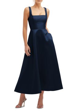 Take inspiration from the full-skirted silhouettes of the 1950s in this sleek sateen gown shaped with a fitted waist and topped with a sharply squared neckline. 49 1/2" length (size 8) Hidden back-zip closure Square neck Side-seam pockets Lined 100% polyester Machine wash, tumble dry Imported Formal Evening Wedding Guest Dress, Midi Gown, Midi Gowns, Dessy Collection, Guest Attire, Wedding Attire Guest, Square Neck Dress, Full Circle Skirts, Blue Bridesmaid Dresses