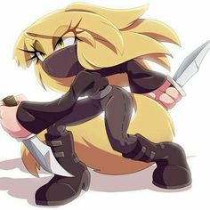 an image of a cartoon character holding a knife in her hand and kneeling down on the ground