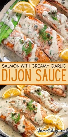 salmon with creamy garlic sauce is served on a white plate and garnished with lemon wedges