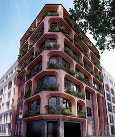 an architectural rendering of a building with plants growing on the top and bottom floor windows