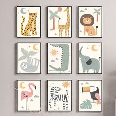 a set of six children's wall art prints featuring animals and giraffes