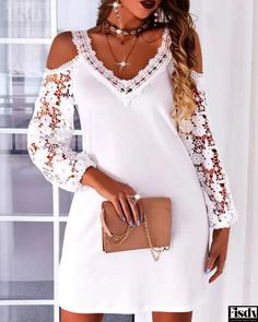 Fisdy - Vestido informal de encaje con hombros descubiertos en contraste Off Shoulder Casual Dress, White A Line Dress, Lace Dress Casual, Casual White Dress, White Long Sleeve Dress, Women Long Sleeve Dress, Dresses Lace, Fashion Color, Lace White Dress