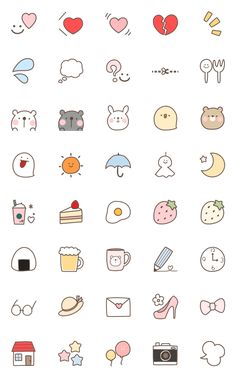 the icons are arranged in different colors and shapes, including hearts, cats, birds, flowers