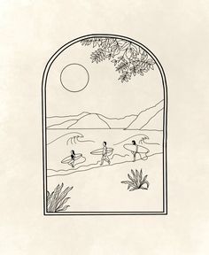 a black and white drawing of two people on surfboards in front of an arched window