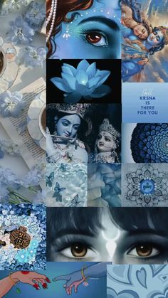 a collage of different images with blue and white designs on them, including an image of a woman's face