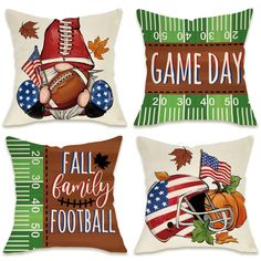 four pillows with different designs on them and the words game day, fall football, football helmet