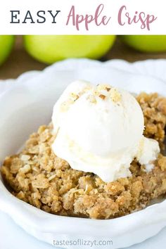 an apple crisp in a white bowl with ice cream on top