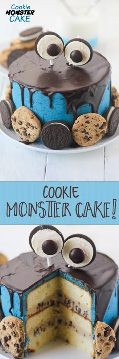 a cake with chocolate chips and cookie eyes on the top is cut in half to look like a monster