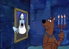 a cartoon dog holding a lit candle in front of a mirror