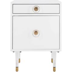 a white nightstand with two drawers and gold knobs on the bottom, against a white background