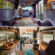 the inside and outside of an rv with wood flooring