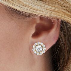 Ross-Simons - 1.50 ct. t. w. Diamond Earring Jackets in 14kt Yellow Gold. Set in 14kt yellow gold, 1.50 ct. t. w. round brilliant-cut diamonds accentuate your favorite everyday pair. Our halo earring jackets feature 7.3mm openings and best fit a 2.00-3.00 ct. t. w. pair of round diamond studs, 7-8mm pearl studs or 7mm ball/bead studs, all sold separately. Diamond earring jackets. Diamond birthstones are the perfect gift for April birthdays. Diamond Earring Jackets, Earring Jacket, Diamond Birthstone, Earring Jackets, Halo Earrings, Diamond Earring, Diamonds And Gold, White Gold Jewelry, Diamond Design