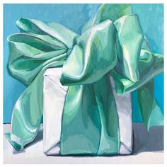 a painting of a green bow on top of a white box with a blue background