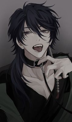 an anime character with black hair holding a cell phone to his ear and looking at the camera