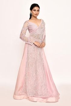 Lilac pink blouse with floral and lace embroidery. Comes with branch pattern embroidered draped dupatta with ruffled border and solid lehenga. - Aza Fashions Traditional Drape Pink Gown With Floral Embroidery, Pink Gown With Floral Embroidery And Traditional Drape, Pink Floral Embroidered Pre-draped Saree For Wedding, Embroidered Long Sleeve Pre-draped Saree For Reception, Pink Floral Embroidery Pre-draped Saree For Party, Pink Embroidered Floor-length Pre-draped Saree, Embroidered Floor-length Pink Pre-draped Saree, Embroidered Pink Floor-length Pre-draped Saree, Pink Lehenga With Chikankari Embroidery And Long Sleeves