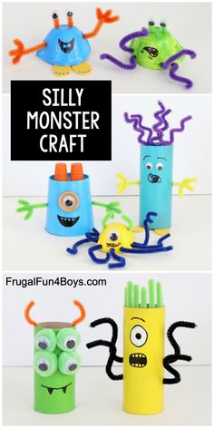 some paper crafts that are made to look like monsters and the words silly monster craft on them