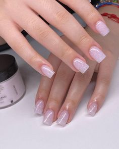 Short Square Sparkle Nails, Everyday Nails Acrylic Short, Trendy Nails Short Square White, Concert Dip Nails, Cute Short Square Nails Glitter, Short Acrylic Nails For Moms, Cute Basic Nails Acrylic Short, Basic Cute Short Nails, Short Square Iridescent Nails