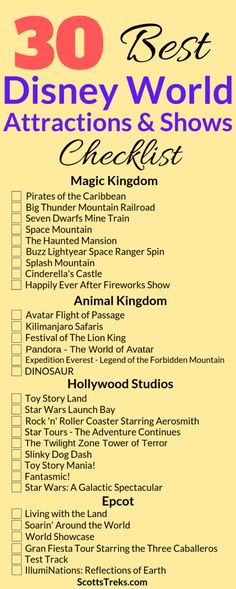 the 30 best disney world attractions and shows checklist with text overlaying it