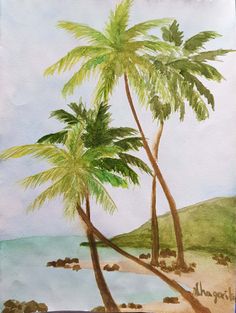 a painting of two palm trees on the beach