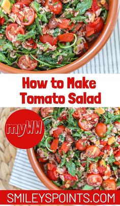 two pictures showing how to make tomato salad with spinach, tomatoes and other vegetables