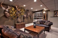 a living room with deer heads mounted to the wall