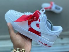 Custom Red Bandana Air Force 1s - Kiaun's Customs Red Bandana Shoes, Gang Aesthetic, Customized Shoes, Pretty Sneakers, Air Force Shoes, Custom Shoes Diy, Nike Shoes Air Force, Air Force 1s, Air Shoes