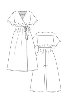 the front and back view of a dress with short sleeves, tied at the waist