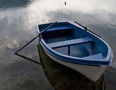 a blue and white boat sitting on top of a body of water