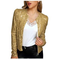 PRICES MAY VARY. Wool lining Women Long Sleeve, Sequin, Round Neck, Glitter, Blazer, For Women, Long Sleeve, Gold